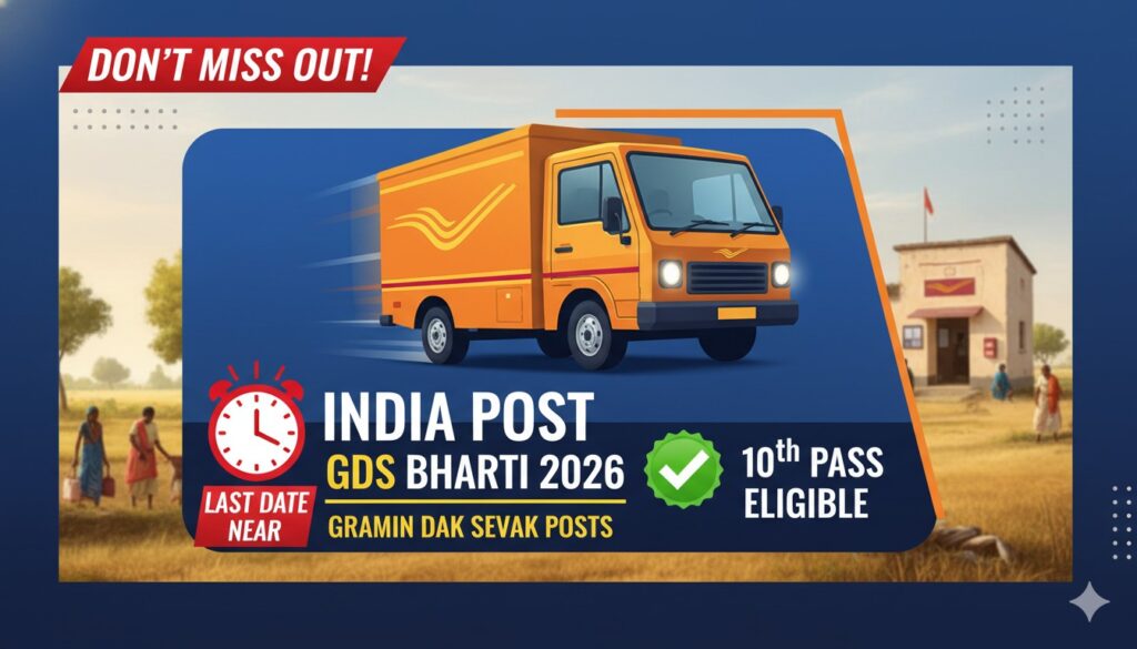 भारत पोस्ट जीडीएस भर्ती 2026 के लिए ऑनलाइन आवेदन प्रक्रिया दिखाती इमेज, 10वीं पास उम्मीदवारों के लिए सरकारी नौकरी का मौका