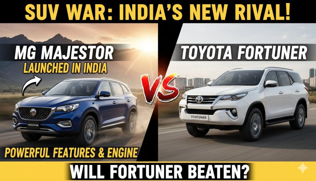 MG Majestor SUV का फ्रंट व्यू, बोल्ड ग्रिल और LED हेडलाइट्स के साथ, Toyota Fortuner को टक्कर देने वाली नई फ्लैगशिप