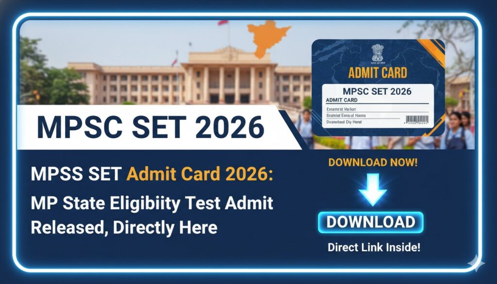 MPPSC SET Admit Card 2026 डाउनलोड करने की प्रक्रिया दिखाता हुआ ग्राफिक, आधिकारिक वेबसाइट और एडमिट कार्ड का स्क्रीनशॉट