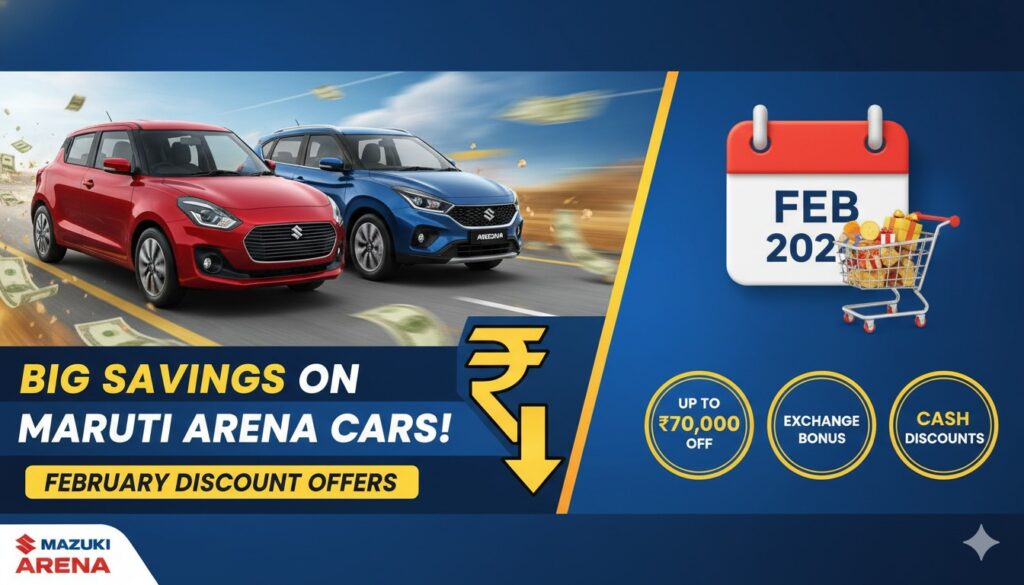 Maruti Suzuki Arena cars with big discounts in February 2026, including Swift, Alto K10, WagonR models
