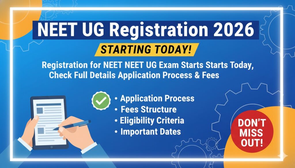 NEET UG 2026 registration process illustration with students applying online