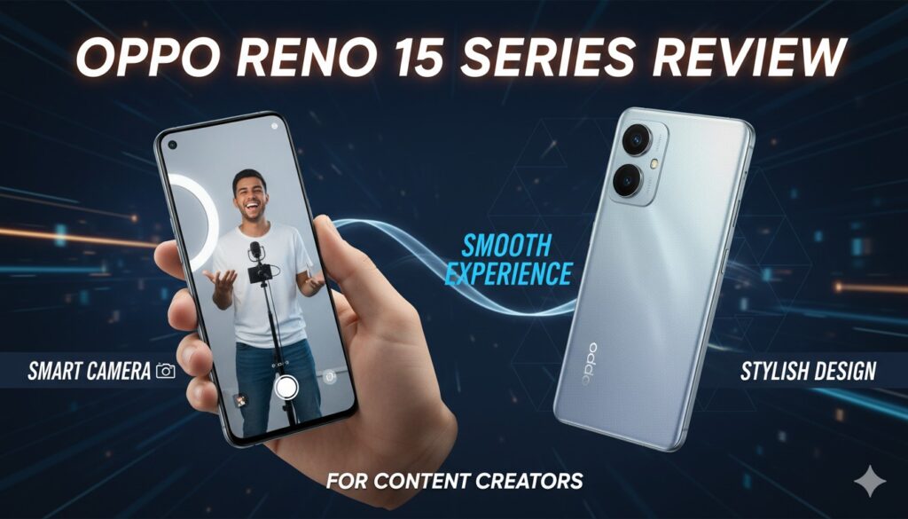 OPPO Reno 15 Pro smartphone with 200MP camera setup and stylish Aurora design in blue gradient