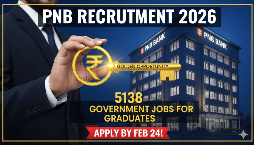 पंजाब नेशनल बैंक अप्रेंटिस भर्ती 2026 के लिए 5138 पदों का बैनर, ग्रेजुएट युवा आवेदन कर रहे हैं
