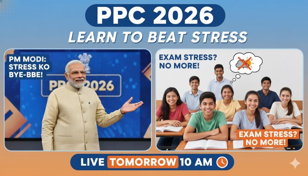 प्रधानमंत्री नरेंद्र मोदी छात्रों के साथ परीक्षा पे चर्चा 2026 में बातचीत करते हुए, स्ट्रेस फ्री परीक्षा का संदेश देते हुए