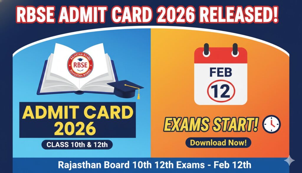 राजस्थान बोर्ड RBSE 10th 12th एडमिट कार्ड 2026 की इमेज जिसमें छात्र एडमिट कार्ड चेक कर रहा है