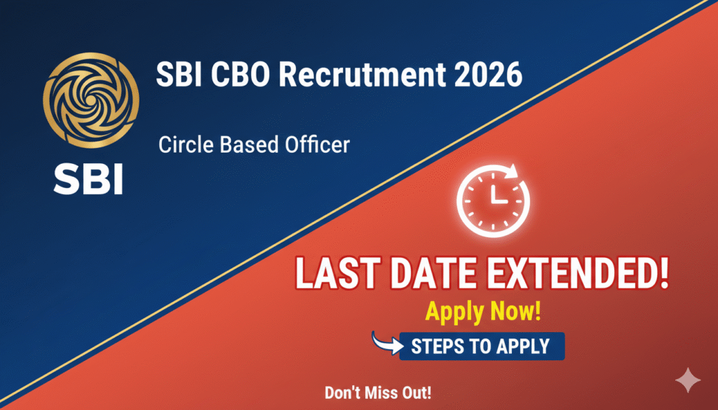 एसबीआई सीबीओ भर्ती 2026 के लिए ऑनलाइन आवेदन प्रक्रिया दिखाता ग्राफिक, लास्ट डेट एक्सटेंडेड