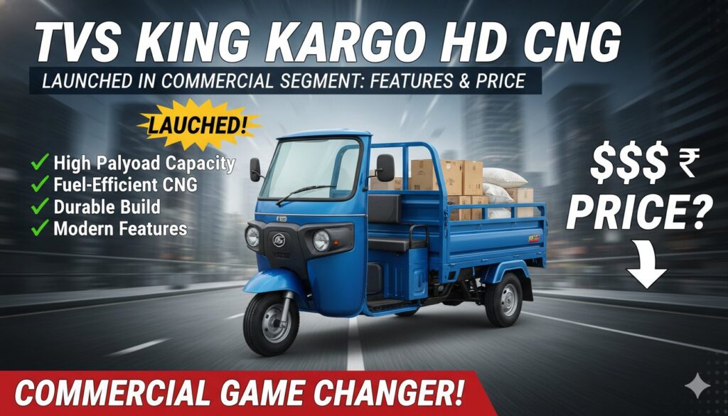 TVS King Kargo HD CNG green cargo three-wheeler with 6.6 ft load deck and modern cabin design