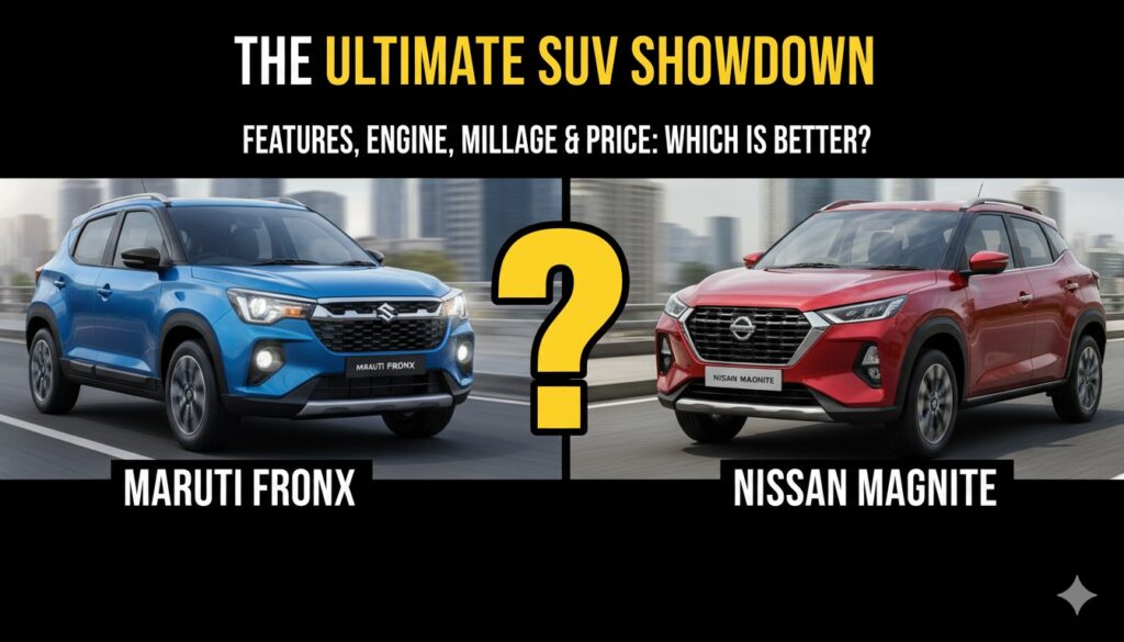 Alt Text for featured image : Maruti Fronx and Nissan Magnite side by side comparison in white and black color for features engine mileage price in India