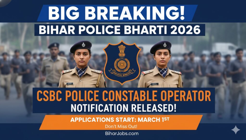 Alt Text for featured image : बिहार पुलिस कॉन्स्टेबल ऑपरेटर भर्ती 2026 की अधिसूचना, CSBC लोगो के साथ 993 पदों का ग्राफिक