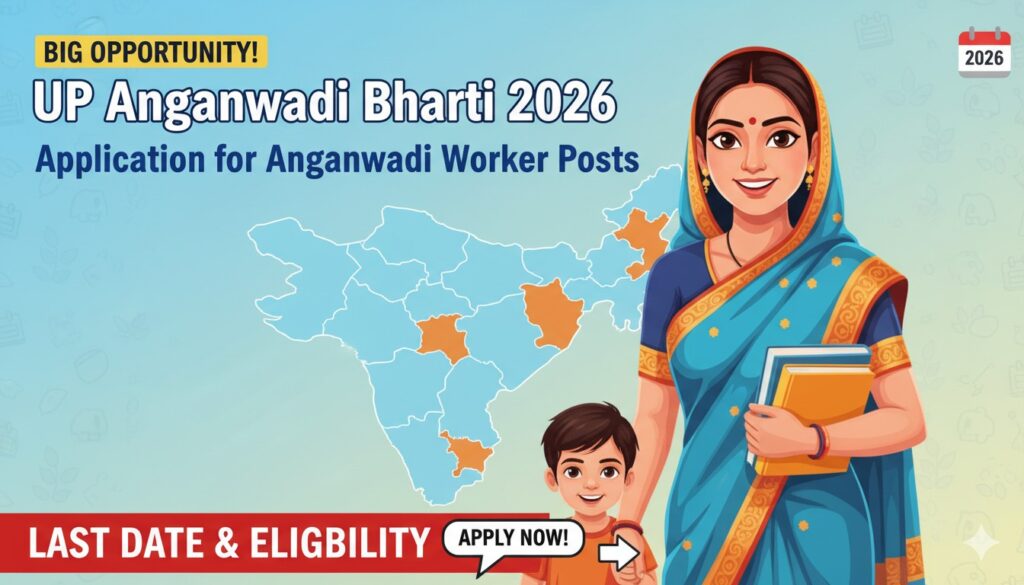 उत्तर प्रदेश आंगनवाड़ी भर्ती 2026 में महिलाएं ऑनलाइन आवेदन करती हुईं, आंगनवाड़ी वर्कर पदों के लिए