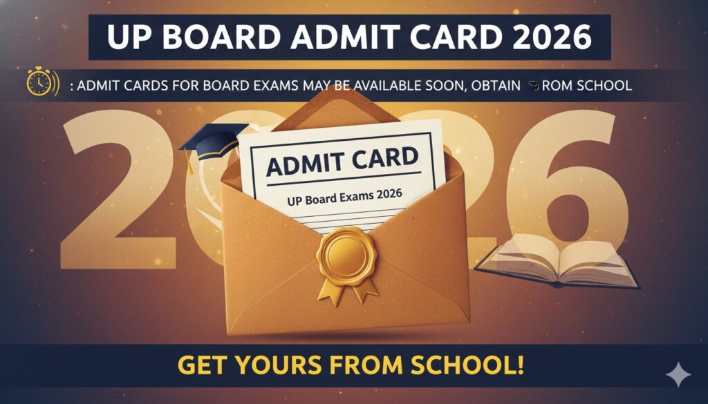 UP Board Admit Card 2026 download process illustration with school and website icons