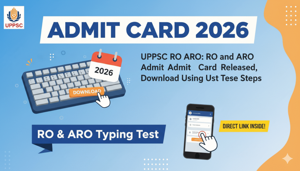 UPPSC RO ARO Typing Test Admit Card 2026 डाउनलोड करने का स्क्रीनशॉट और कैलेंडर पर परीक्षा तिथियां दिखाता हुआ