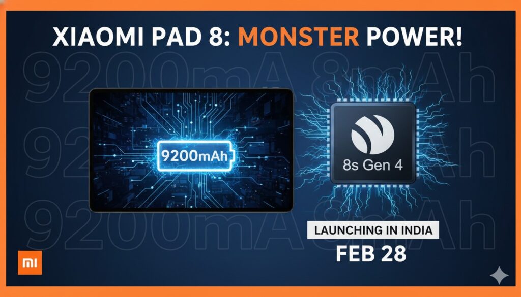 Xiaomi Pad 8 टैबलेट 11.2 इंच डिस्प्ले के साथ, Snapdragon 8s Gen 4 और 9200mAh बैटरी दिखाते हुए