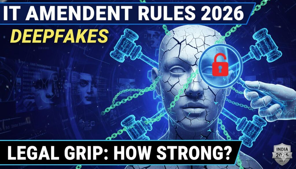 भारत में आईटी संशोधन नियम 2026 के तहत डीपफेक और AI जनित सामग्री पर सख्त कानूनी नियंत्रण, डिजिटल स्क्रीन पर डीपफेक अलर्ट दिखाता ग्राफिक