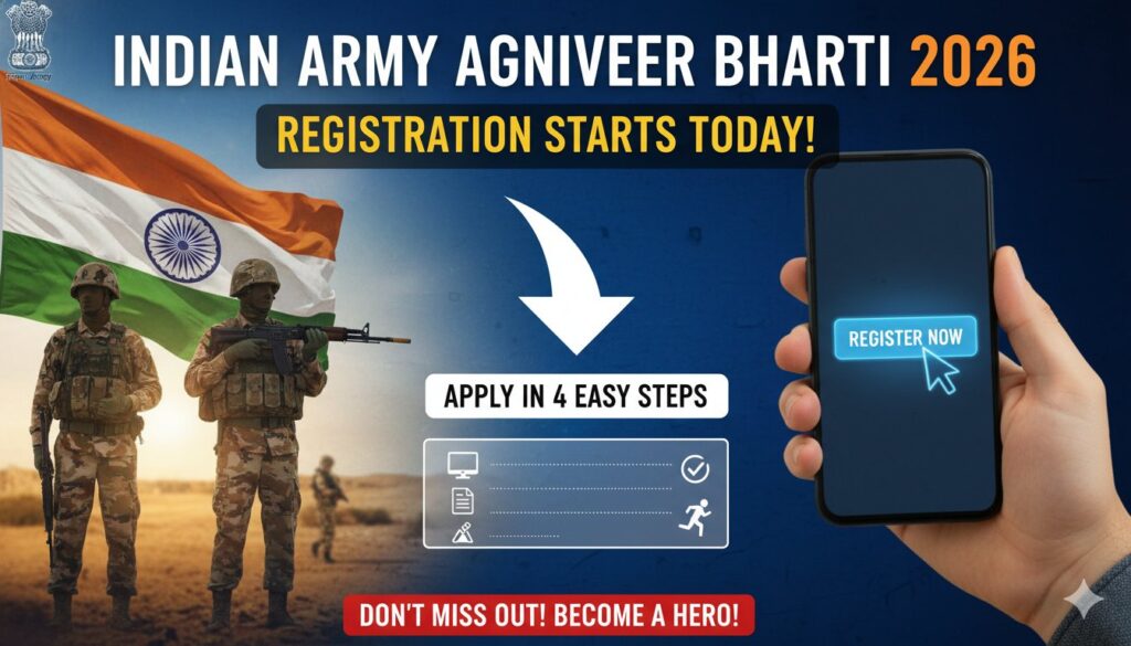 इंडियन आर्मी अग्निवीर भर्ती 2026 के लिए युवा उम्मीदवार रजिस्ट्रेशन करते हुए, joinindianarmy.nic.in वेबसाइट स्क्रीन