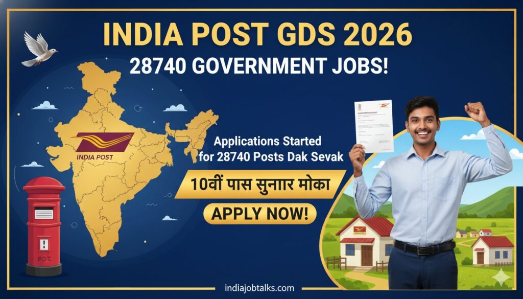 इंडिया पोस्ट जीडीएस भर्ती 2026 के लिए आवेदन फॉर्म और पोस्ट ऑफिस का दृश्य