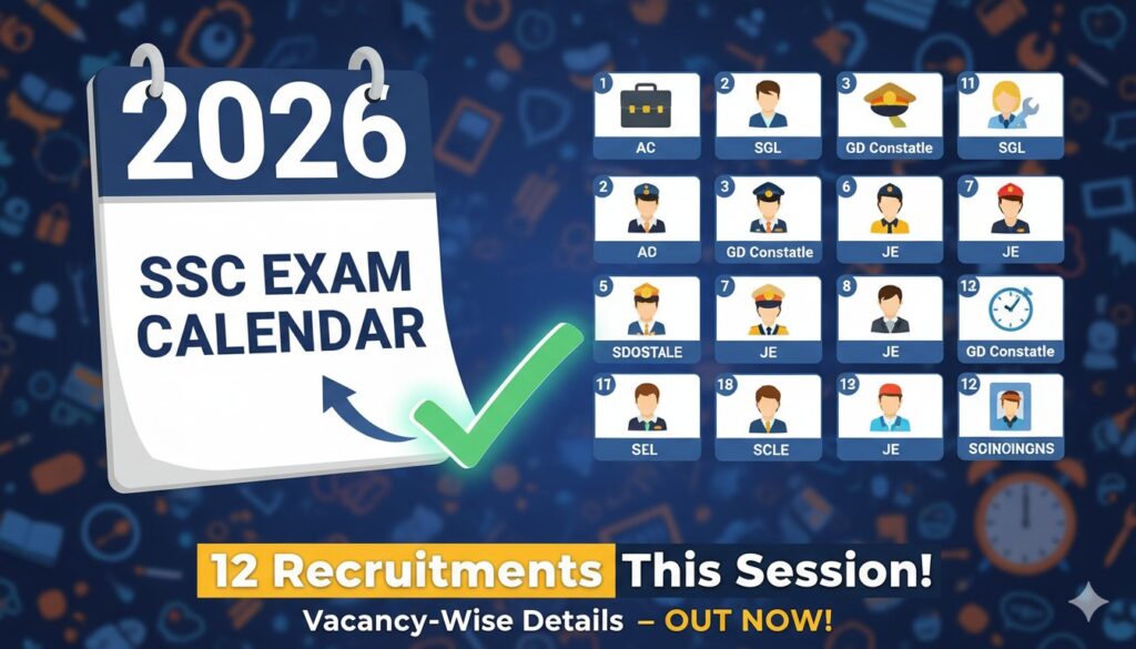 एसएससी एग्जाम कैलेंडर 2026 कैलेंडर शीट के साथ परीक्षा तिथियां और वैकेंसी डिटेल्स दिखाती इमेज