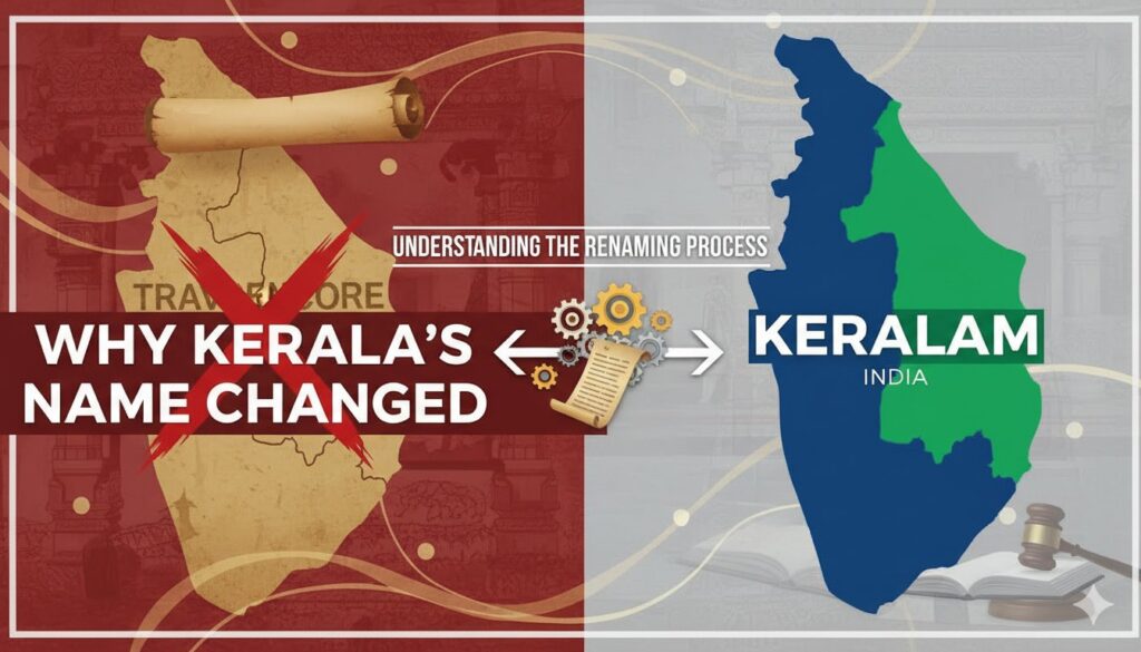 केरल राज्य का नक्शा जिसमें नाम 'केरल' से 'केरलम' बदलाव दिखाया गया है, मलयालम भाषा और सांस्कृतिक पहचान का प्रतीक