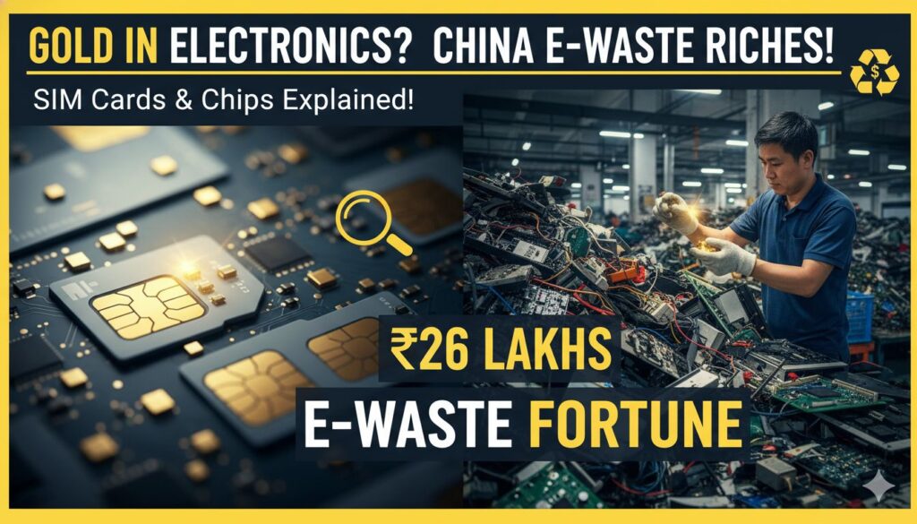 ई-कचरे से सोना निकालते हुए एक व्यक्ति की छवि, जिसमें SIM कार्ड्स और चिप्स दिखाई दे रहे हैं।