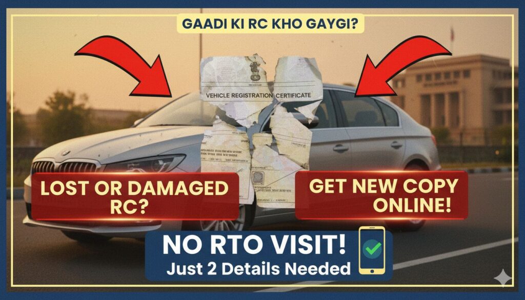 गाड़ी की RC खोने पर डुप्लिकेट RC ऑनलाइन आवेदन प्रक्रिया दिखाता ग्राफिक