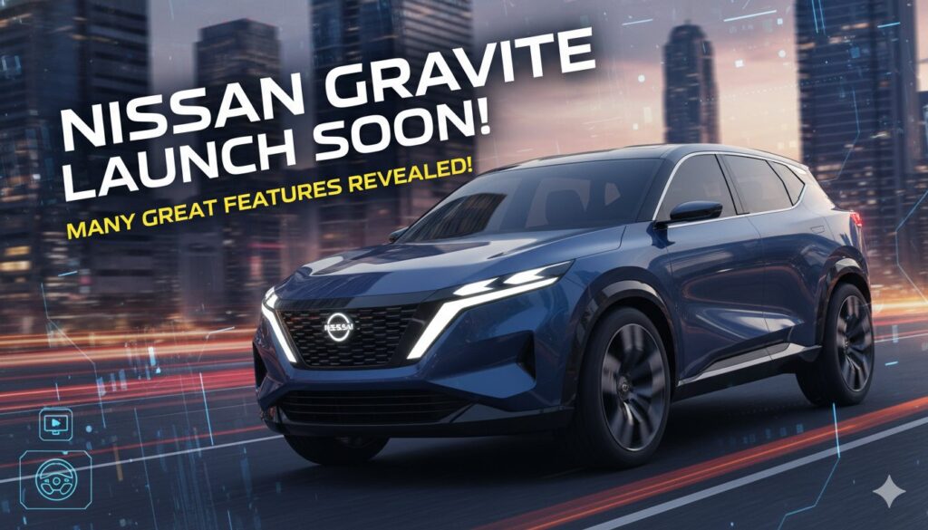 निसान ग्रेवाइट इंटीरियर दिखाता हुआ डैशबोर्ड और 8-इंच टचस्क्रीन के साथ सात सीटर एमपीवी