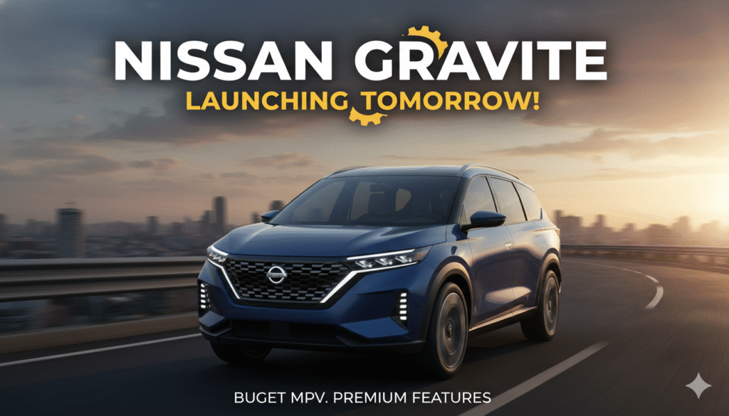 निसान ग्रेवाइट 7-सीटर एमपीवी फ्रंट व्यू टीजर इमेज, कल लॉन्च होने वाली बजट फैमिली कार