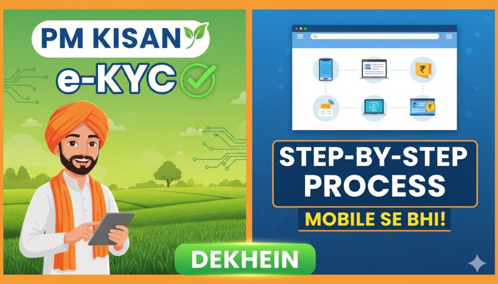पीएम किसान ई-केवाईसी प्रक्रिया दिखाता ग्राफिक, मोबाइल पर ओटीपी दर्ज करते किसान की इमेज