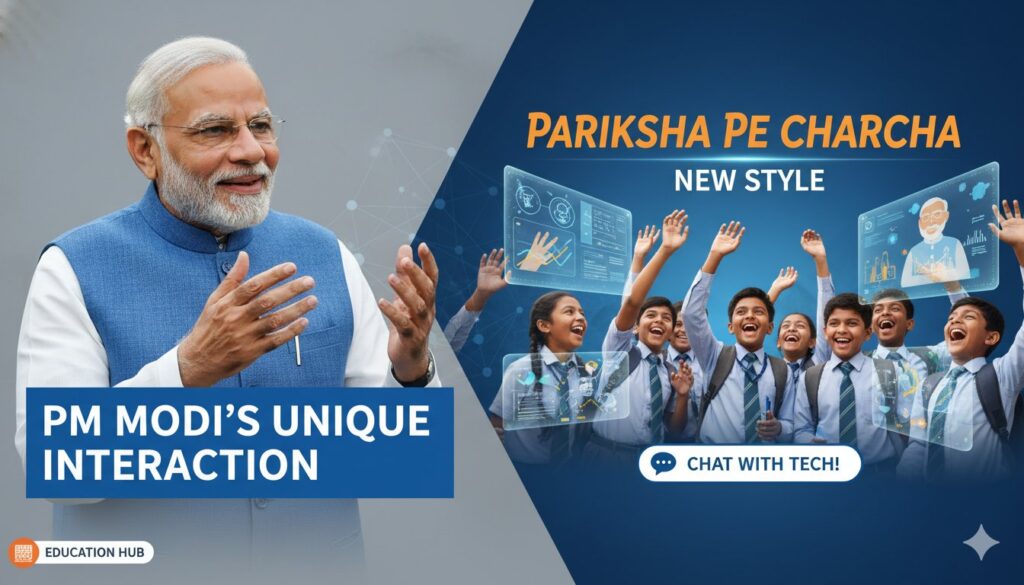 पीएम मोदी छात्रों के साथ परीक्षा पे चर्चा में अनोखे अंदाज में बातचीत करते हुए।