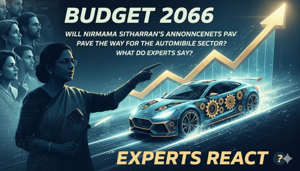 वित्त मंत्री निर्मला सीतारमण बजट 2026 पेश करती हुईं, ऑटोमोबाइल सेक्टर की ग्रोथ दिखाती इमेज।