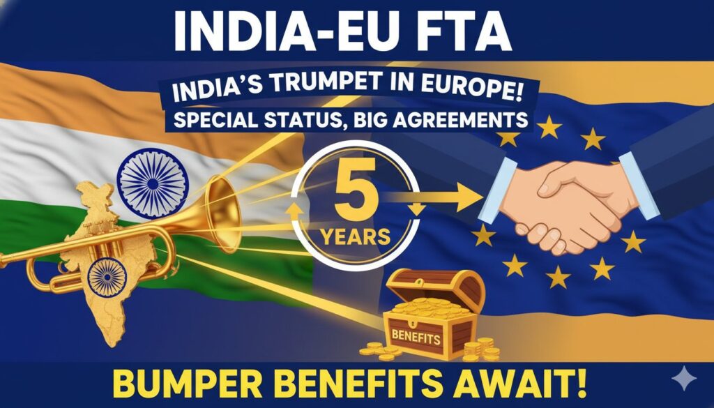 भारत और EU के बीच FTA समझौते का ग्राफिक, जिसमें दोनों झंडे और ट्रेड ग्रोथ दिखाई गई है