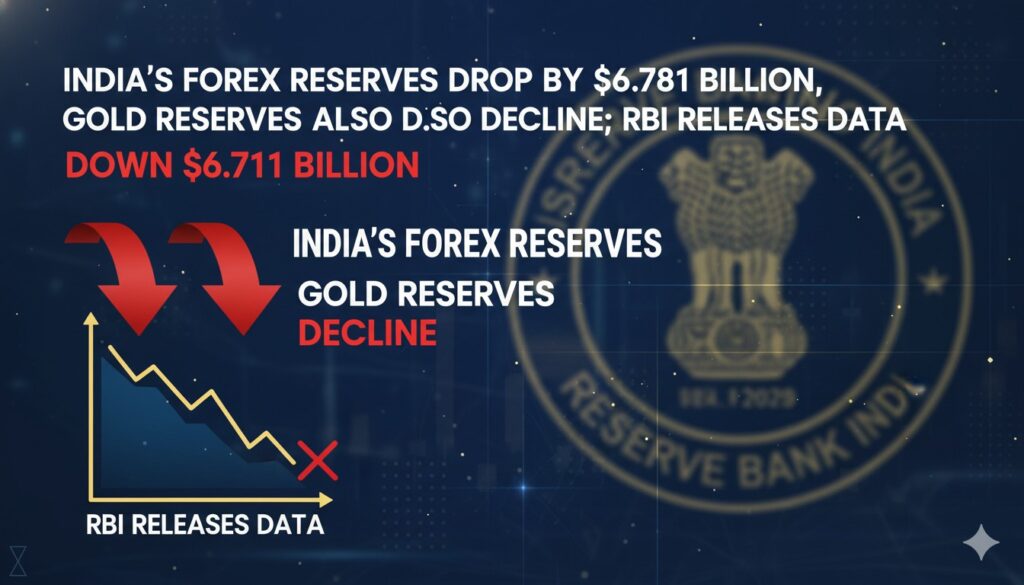 भारत के विदेशी मुद्रा भंडार में गिरावट दिखाता ग्राफ, RBI लोगो के साथ गोल्ड बार और डॉलर सिंबल