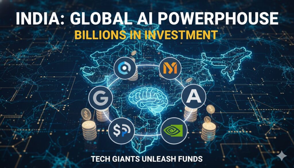 भारत में AI इंफ्रास्ट्रक्चर और डेटा सेंटर्स पर दिग्गज कंपनियों के अरबों डॉलर निवेश का ग्राफिक इलस्ट्रेशन