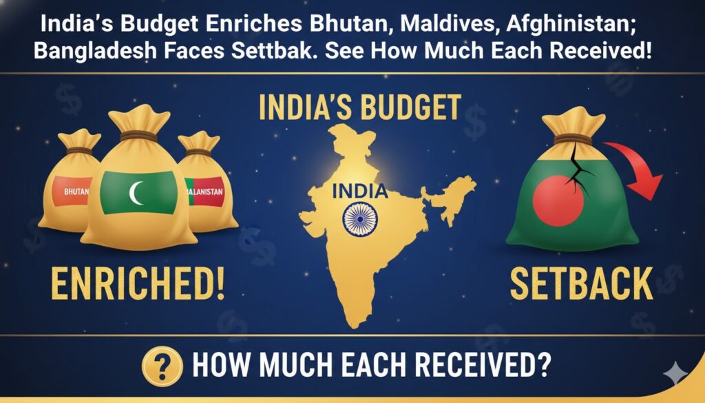 भारत के वित्त मंत्री बजट पेश करते हुए, पड़ोसी देशों को सहायता आवंटन दिखाते हुए दस्तावेज के साथ।
