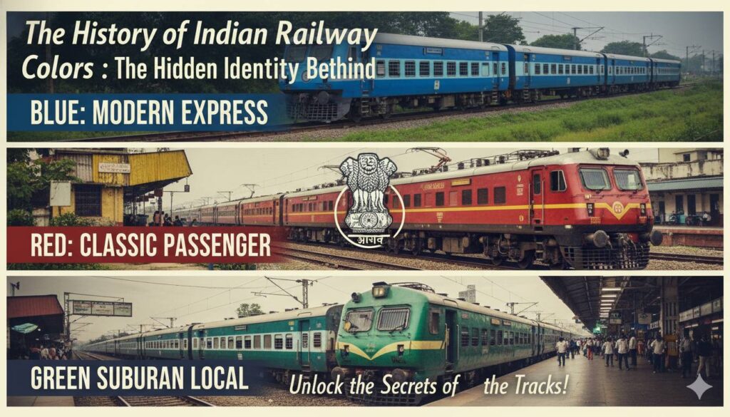 भारतीय रेलवे ट्रेन कोचों के विभिन्न रंगों का ऐतिहासिक और अर्थपूर्ण प्रदर्शन, नीला, लाल, हरा और मैरून कोच