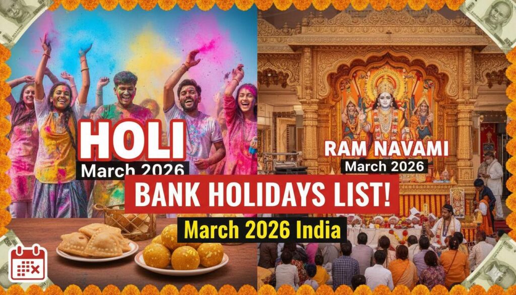 मार्च 2026 में होली से रामनवमी तक भारत में बैंक छुट्टियों की लिस्ट दिखाती इमेज, कैलेंडर और त्योहारों के साथ