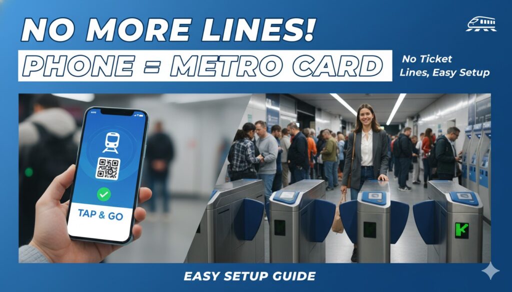 एक स्मार्टफोन को मेट्रो गेट पर टैप करते हुए व्यक्ति, डिजिटल टिकटिंग को दर्शाता हुआ।