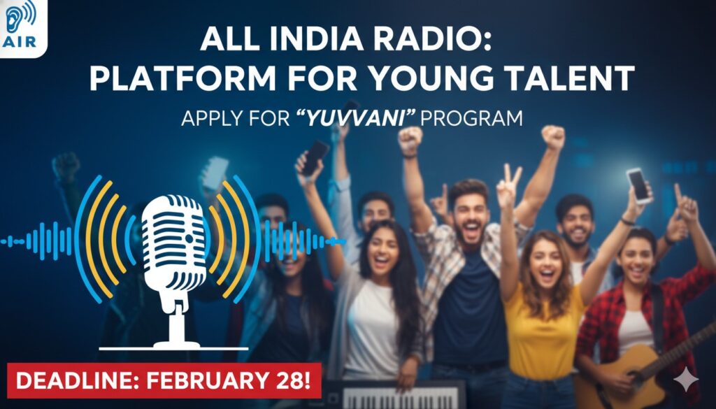 आकाशवाणी दिल्ली में युववाणी कार्यक्रम के लिए युवा आवेदन करते हुए, माइक्रोफोन और ब्रॉडकास्टिंग स्टूडियो की तस्वीर