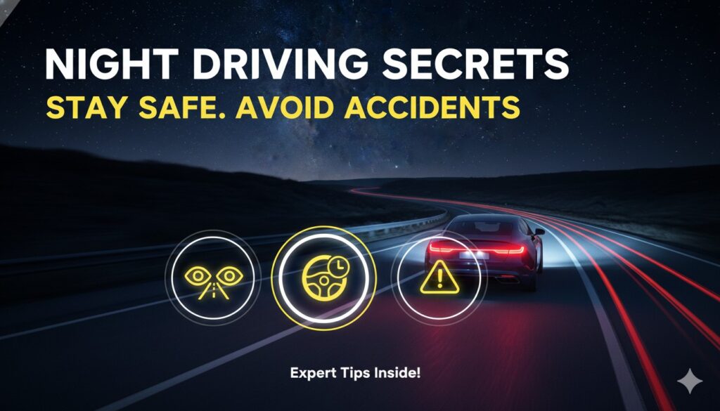 रात में कार चलाते समय हेडलाइट्स और रोड मार्किंग पर फोकस करते ड्राइवर की इमेज, सेफ्टी टिप्स दिखाती
