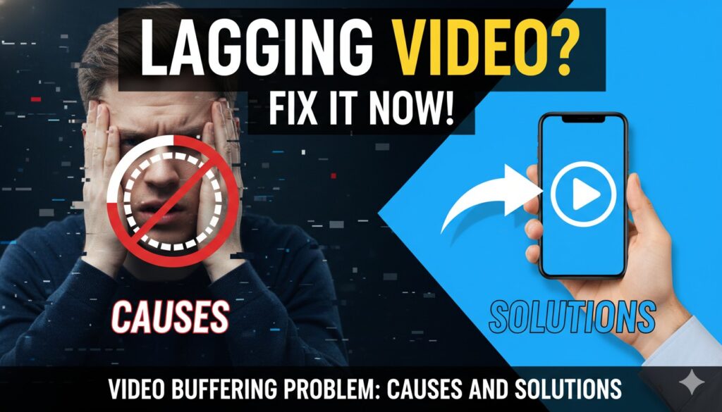 वीडियो बफरिंग की समस्या दिखाता एक स्मार्टफोन स्क्रीन जहां YouTube वीडियो रुक गया है और बफरिंग आइकन घूम रहा है, बैकग्राउंड में Wi-Fi और 5G सिग्नल आइकन