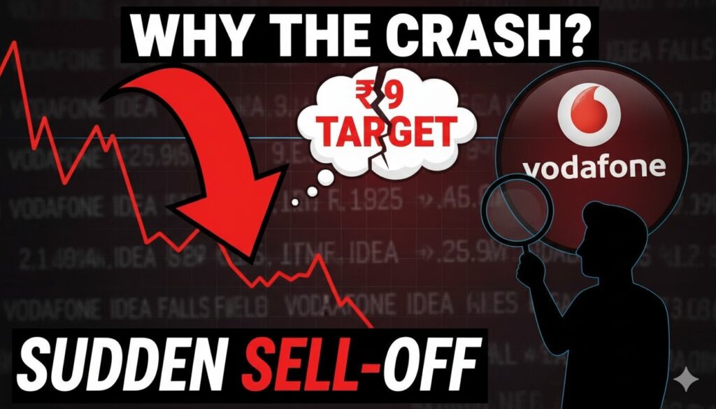 Vodafone Idea शेयर प्राइस गिरावट ग्राफ दिखाता हुआ, जिसमें स्टॉक चार्ट पर डाउनट्रेंड और JPMorgan लोगो