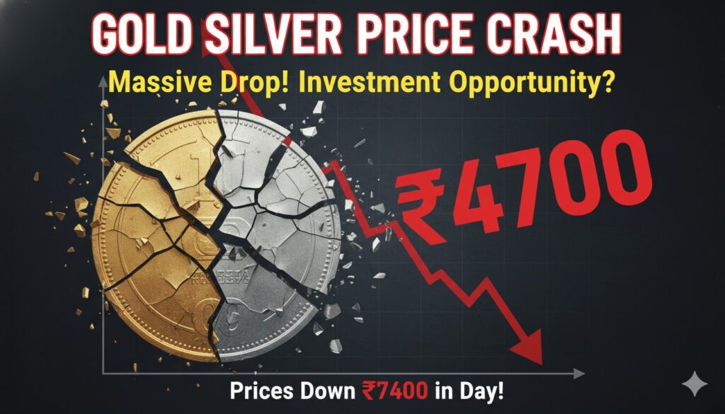 सोने और चांदी की कीमतों में भारी गिरावट दिखाते हुए चार्ट और भारतीय बाजार का ग्राफिक