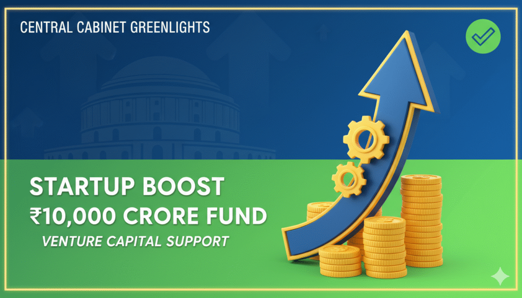 केंद्रीय मंत्रिमंडल द्वारा मंजूर ₹10,000 करोड़ स्टार्टअप इंडिया फंड ऑफ फंड्स 2.0 का ग्राफिक प्रतिनिधित्व, डीप टेक और इनोवेशन को दर्शाता हुआ