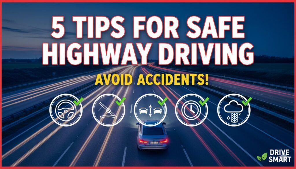 हाईवे पर कार चलाते हुए सुरक्षित ड्राइविंग करते ड्राइवर, लेन में रहते हुए स्पीड कंट्रोल