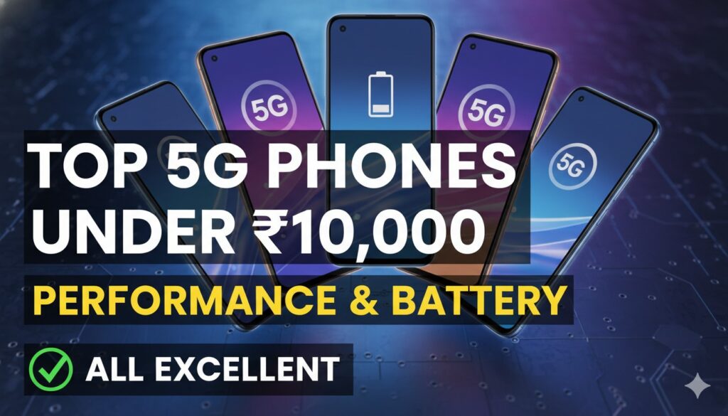 10 हजार से कम कीमत वाले टॉप 5G स्मार्टफोन का ग्रुप इमेज, Redmi, Samsung, POCO जैसे मॉडल्स दिखाते हुए