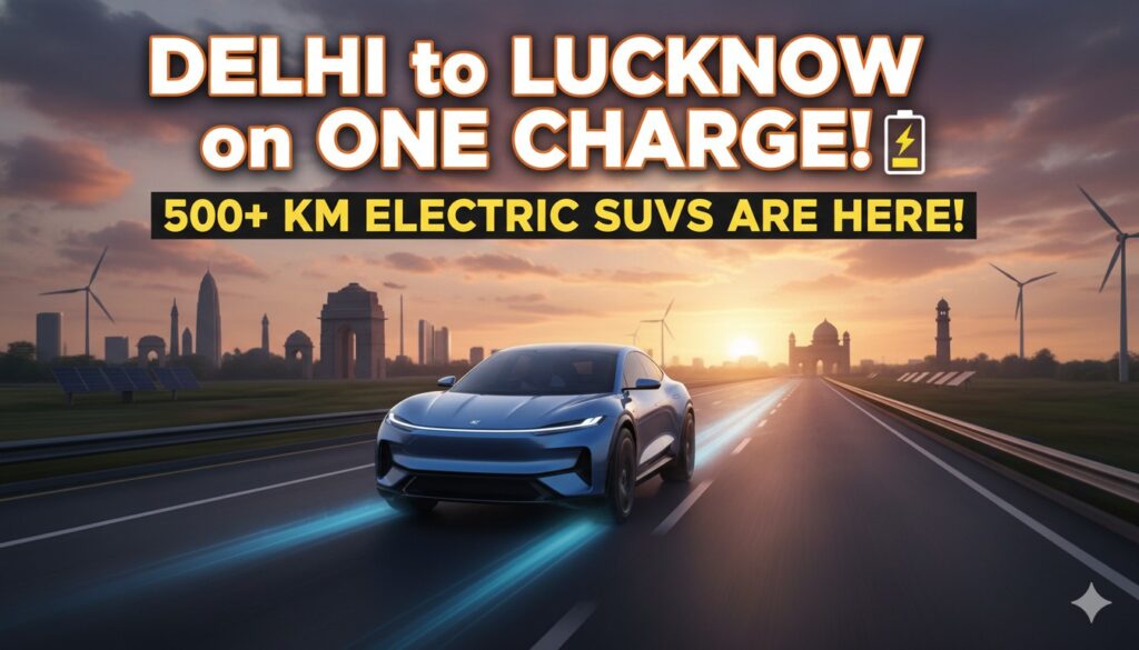 दिल्ली से लखनऊ सिंगल चार्ज में जाने वाली 500+ किमी रेंज वाली इलेक्ट्रिक SUV का फ्रंट व्यू