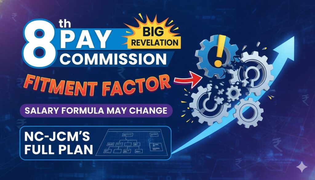 8th Pay Commission फिटमेंट फैक्टर और NC-JCM की मांगों का ग्राफिक इलस्ट्रेशन, जिसमें वेतन बढ़ोतरी और पे मैट्रिक्स दिखाए गए हैं