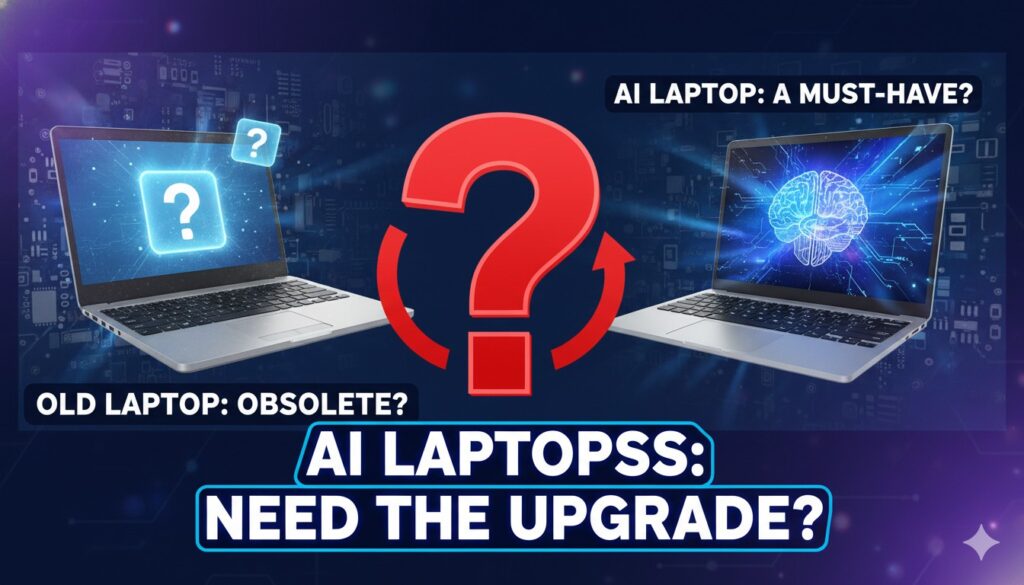 बाजार में नए AI लैपटॉप का कलेक्शन दिखाता हुआ इमेज, Copilot+ PC और NPU फीचर्स हाइलाइट के साथ