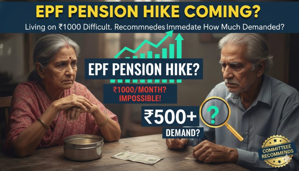 EPF और EPS पेंशनभोगी न्यूनतम पेंशन बढ़ोतरी की मांग करते हुए प्रदर्शन करते हुए