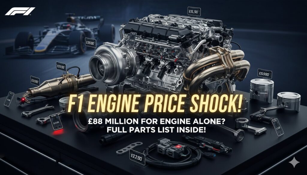 Formula 1 कार का महंगा हाइब्रिड इंजन और प्रमुख पार्ट्स की कीमत दिखाती इमेज