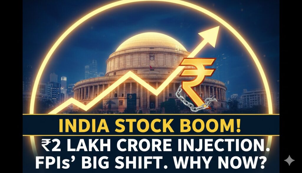 विदेशी पोर्टफोलियो निवेशक भारतीय शेयर बाजार में फरवरी 2026 में भारी निवेश करते हुए, स्टॉक मार्केट ग्राफ और FPI फ्लो दिखाता हुआ